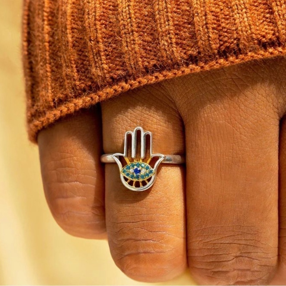 Sterling Silver Palm Evil Eye Ring Size 8 YOU'RE ALWAYS PROTECTED HAMSA - Picture 2 of 3